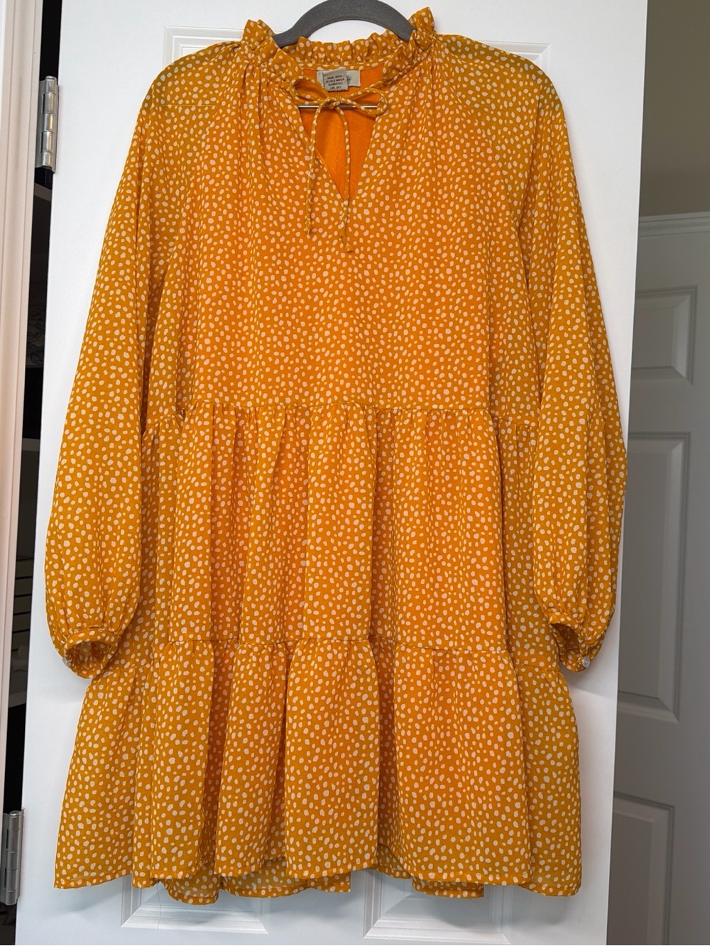 Turquoise Haven Mustard Yellow Dot Tie-Neck Dress